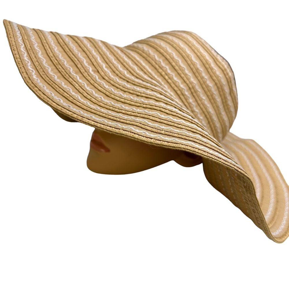 NYC Underground Wide Brim Tan White Embroidered Paper Poly Floppy Hat One Size